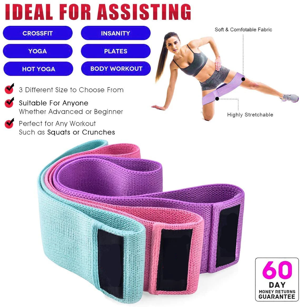 Elastic Rubber Resistance Bands Set – Yoga, Hip Circle Expander, Gym & Home Workout – 3PCs