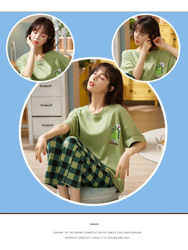 New Sleepwear Cartoon Cotton Pajamas for Women Long Pants Short Sleeved Summer Spring Loungewear Fashion Home Clothing Home wear