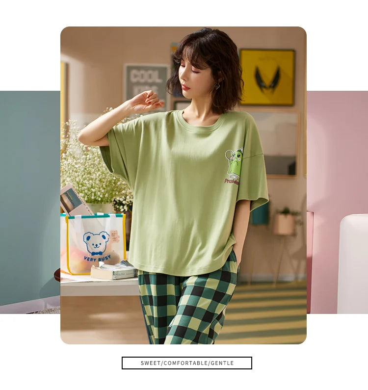 New Sleepwear Cartoon Cotton Pajamas for Women Long Pants Short Sleeved Summer Spring Loungewear Fashion Home Clothing Home wear