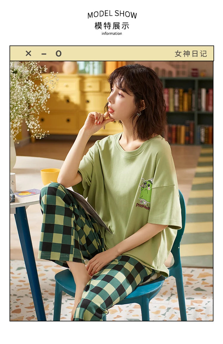 New Sleepwear Cartoon Cotton Pajamas for Women Long Pants Short Sleeved Summer Spring Loungewear Fashion Home Clothing Home wear