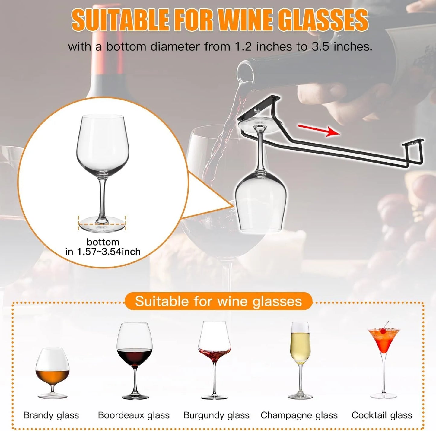 Under Cabinet Wine Glass Holder – Sturdy Hanging Organizer for Stemware Storage in Kitchen, Bar, or Cabinet