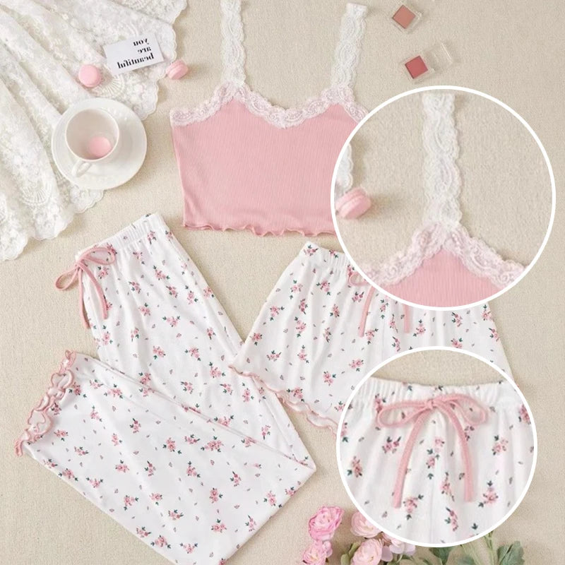 Three-Piece Women's Heart-Shaped Printed Vest, Shorts, and Pants Paired with Ribbed Fabric for Home Casual Women's Sleepwear Set