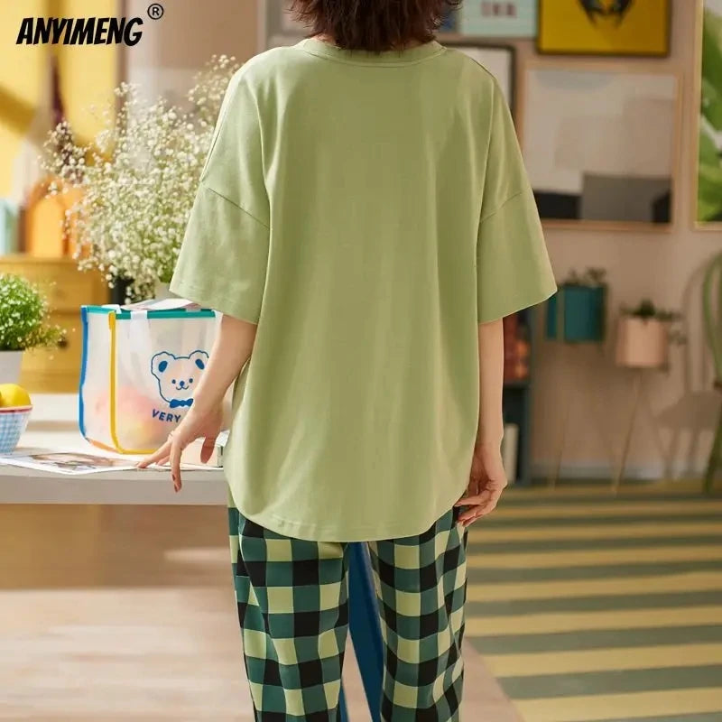 New Sleepwear Cartoon Cotton Pajamas for Women Long Pants Short Sleeved Summer Spring Loungewear Fashion Home Clothing Home wear