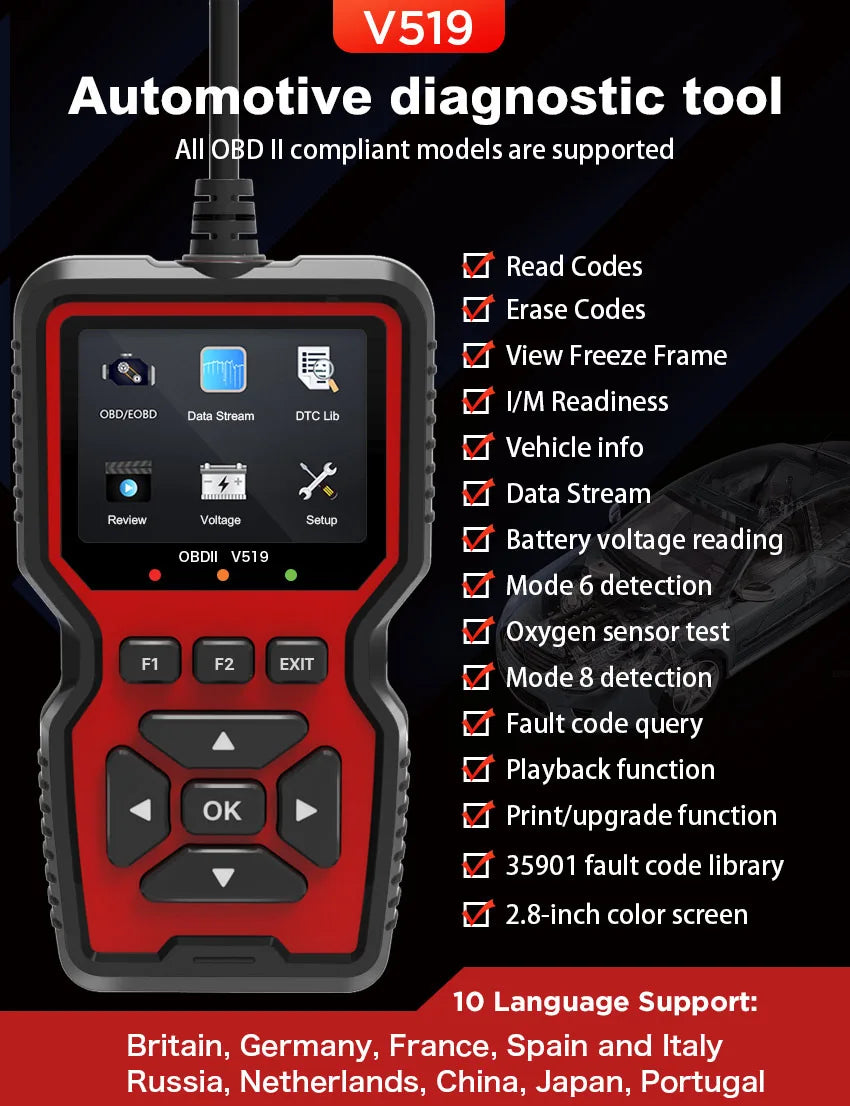 New OBD2 V519 Scanner - Professional Mechanic OBDII Diagnostic Code Reader for Check Engine Light, Live Data, and Code Reading/Erasing