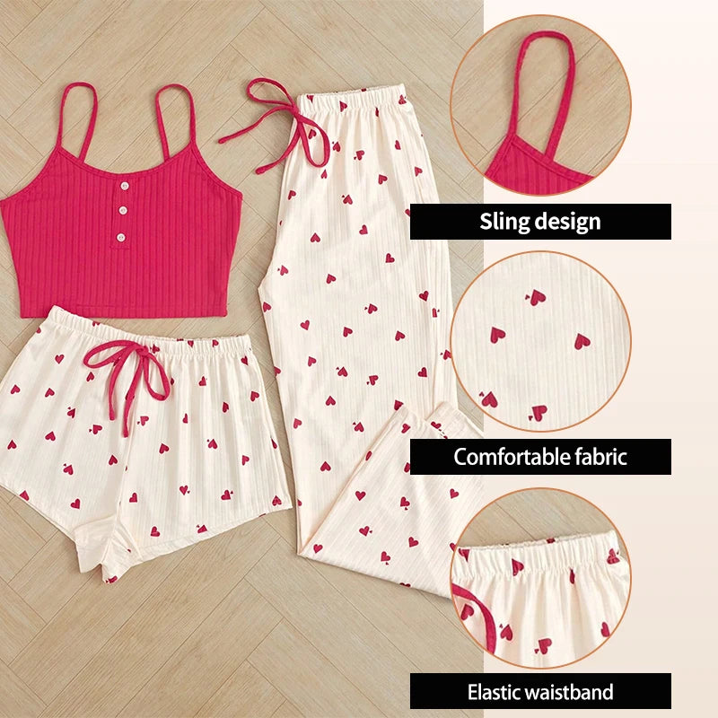 Three-Piece Women's Heart-Shaped Printed Vest, Shorts, and Pants Paired with Ribbed Fabric for Home Casual Women's Sleepwear Set
