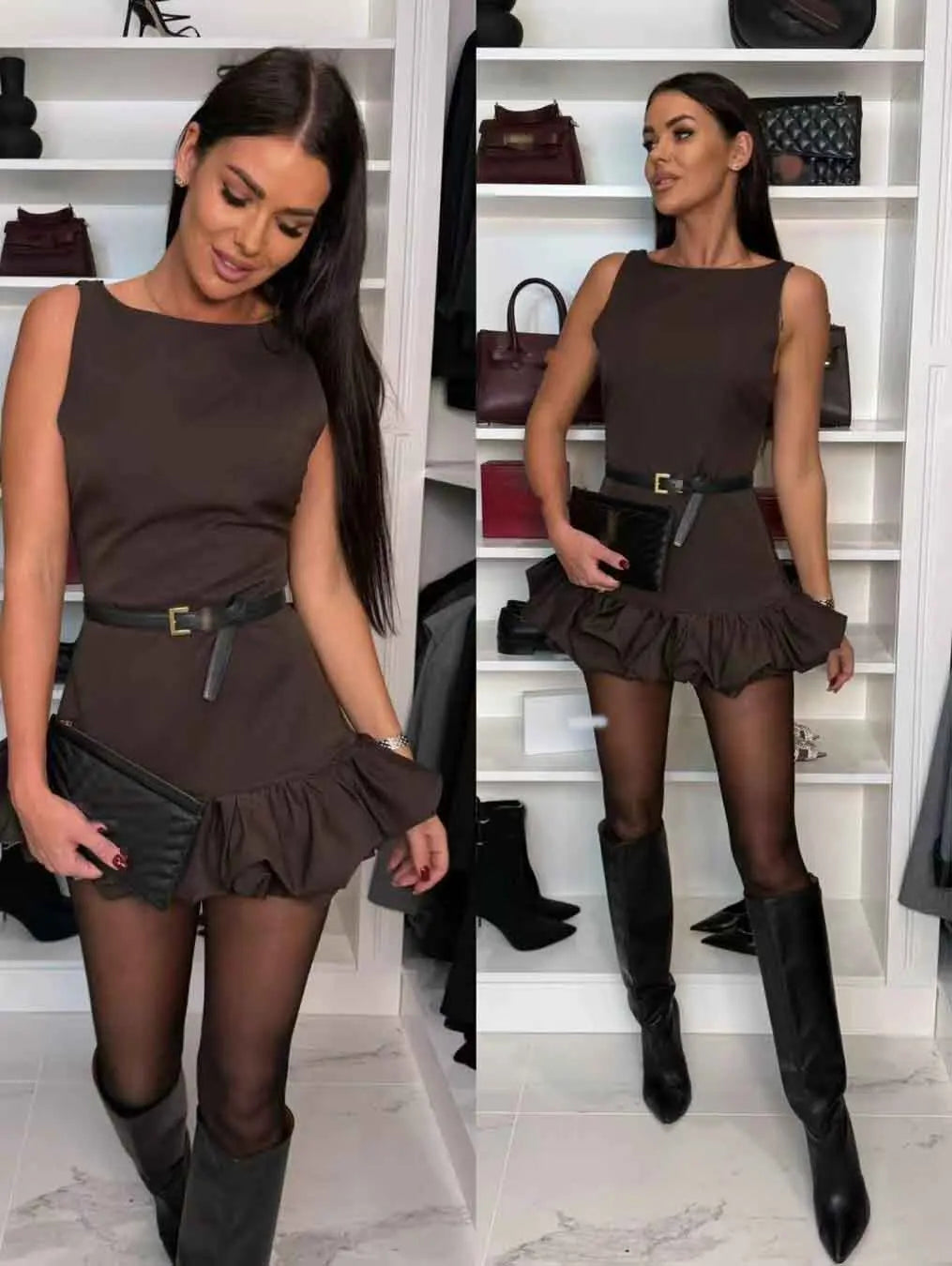 Fashion New Sexy Solid Ruffled Hem Women Dress O-neck Sleeveless Backless Slim Mini Solid Color Party Club Dresses Ladies