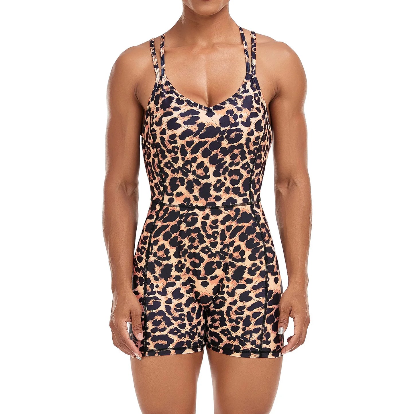 Leopard Print One-Piece Yoga Jumpsuit – Backless & Sleeveless