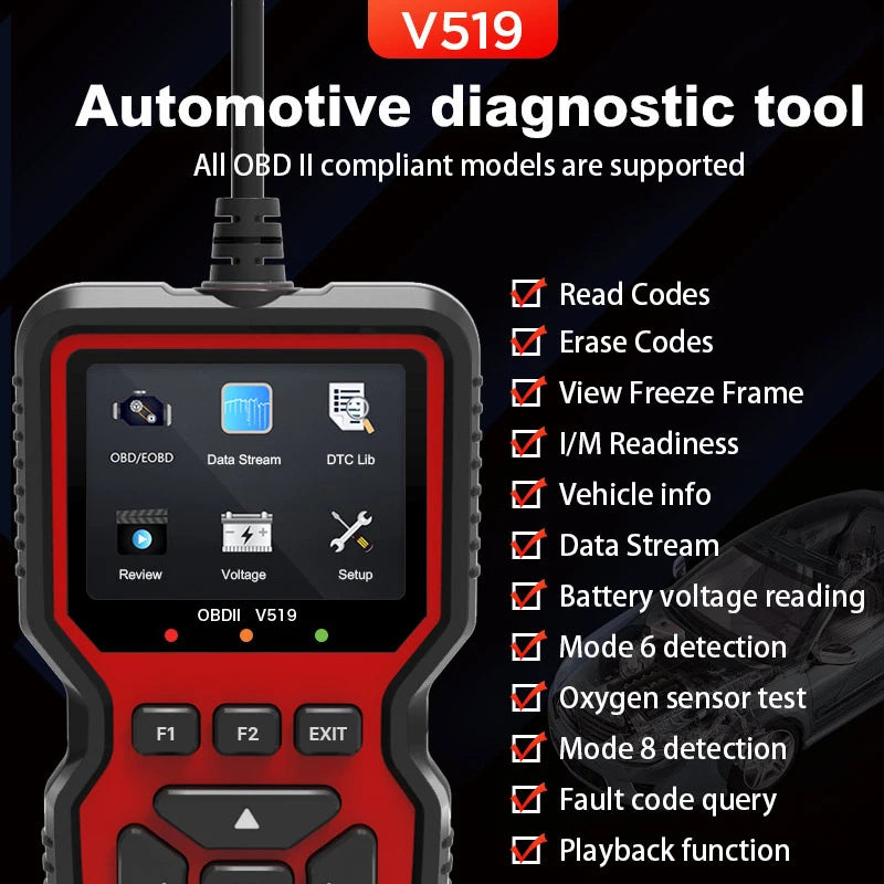 New OBD2 V519 Scanner - Professional Mechanic OBDII Diagnostic Code Reader for Check Engine Light, Live Data, and Code Reading/Erasing