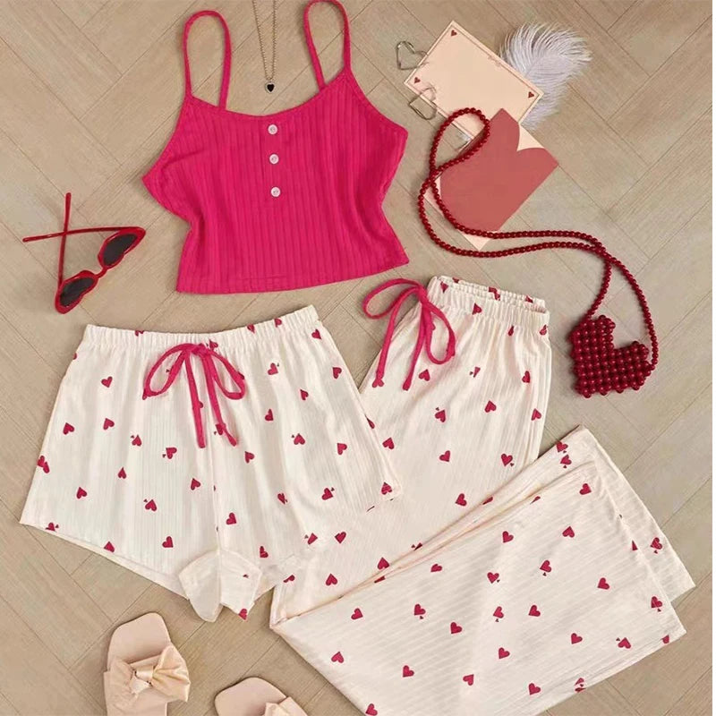 Three-Piece Women's Heart-Shaped Printed Vest, Shorts, and Pants Paired with Ribbed Fabric for Home Casual Women's Sleepwear Set