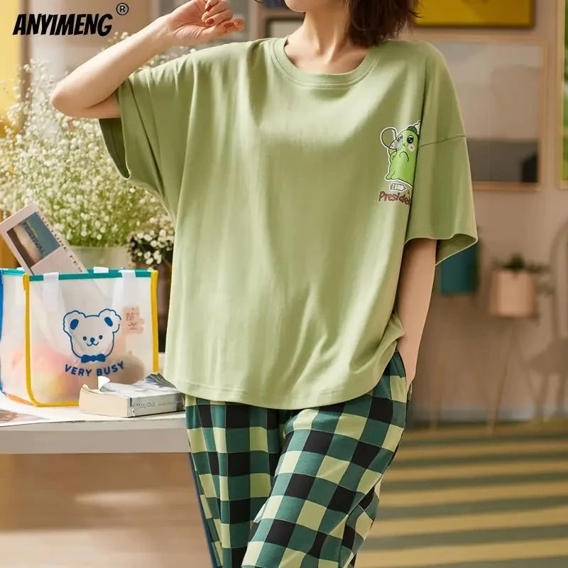 New Sleepwear Cartoon Cotton Pajamas for Women Long Pants Short Sleeved Summer Spring Loungewear Fashion Home Clothing Home wear