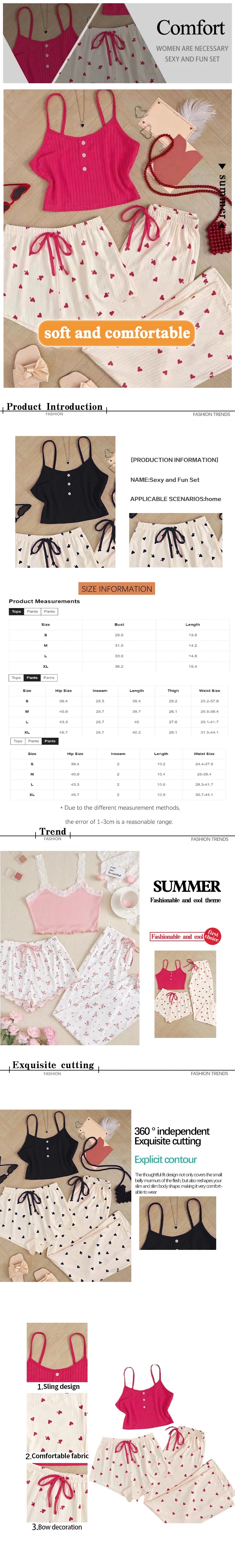 Three-Piece Women's Heart-Shaped Printed Vest, Shorts, and Pants Paired with Ribbed Fabric for Home Casual Women's Sleepwear Set