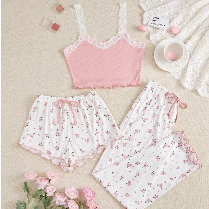 Three-Piece Women's Heart-Shaped Printed Vest, Shorts, and Pants Paired with Ribbed Fabric for Home Casual Women's Sleepwear Set