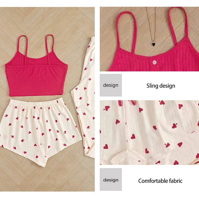 Three-Piece Women's Heart-Shaped Printed Vest, Shorts, and Pants Paired with Ribbed Fabric for Home Casual Women's Sleepwear Set