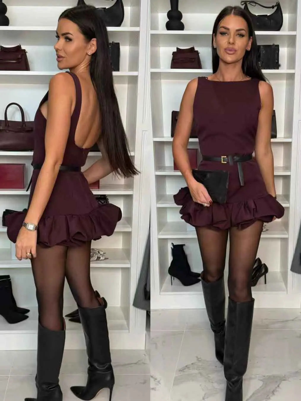 Fashion New Sexy Solid Ruffled Hem Women Dress O-neck Sleeveless Backless Slim Mini Solid Color Party Club Dresses Ladies