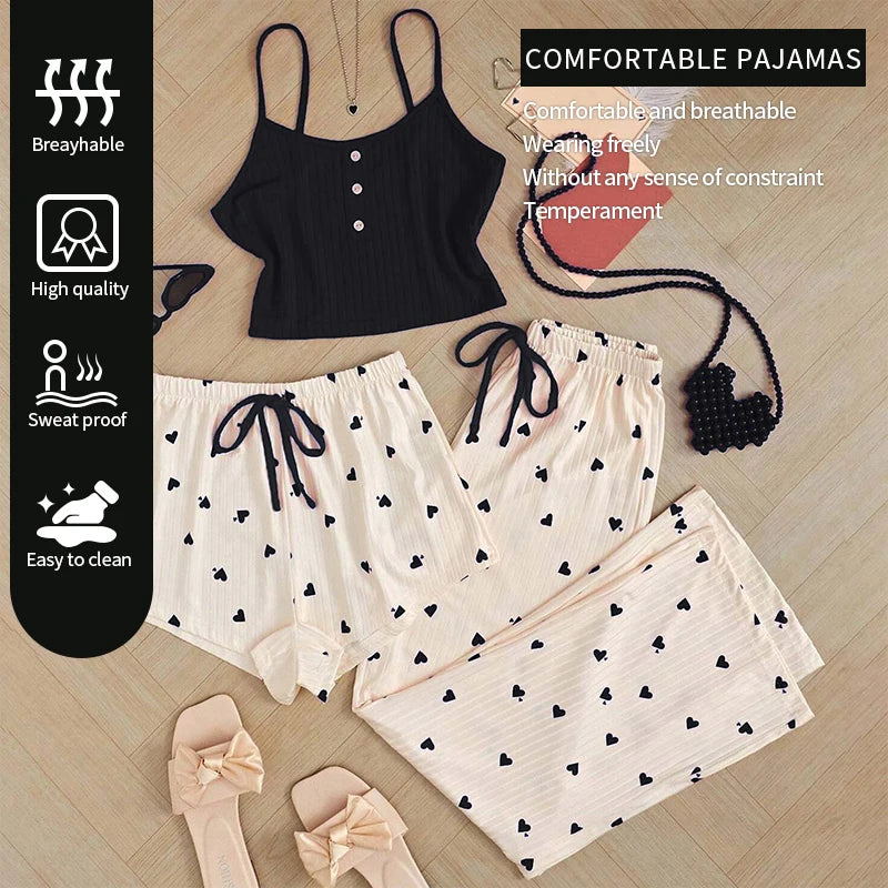 Three-Piece Women's Heart-Shaped Printed Vest, Shorts, and Pants Paired with Ribbed Fabric for Home Casual Women's Sleepwear Set