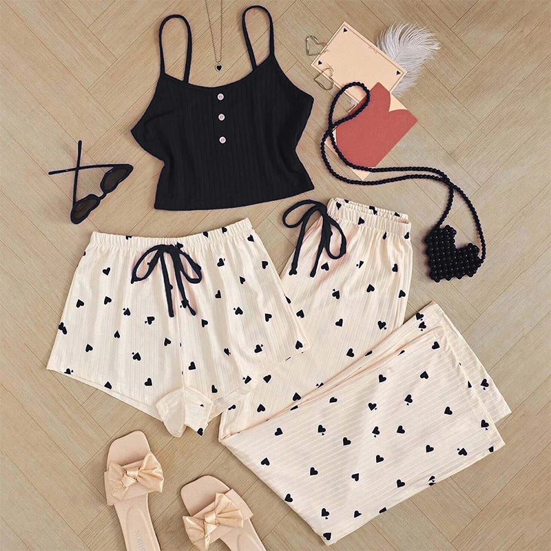 Three-Piece Women's Heart-Shaped Printed Vest, Shorts, and Pants Paired with Ribbed Fabric for Home Casual Women's Sleepwear Set