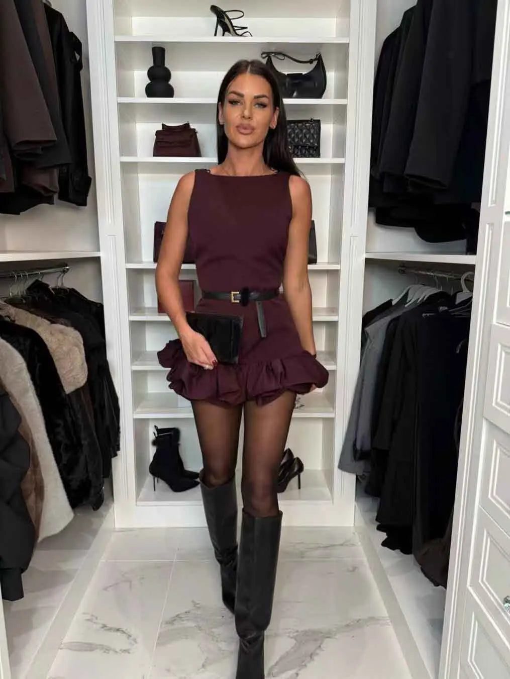Fashion New Sexy Solid Ruffled Hem Women Dress O-neck Sleeveless Backless Slim Mini Solid Color Party Club Dresses Ladies