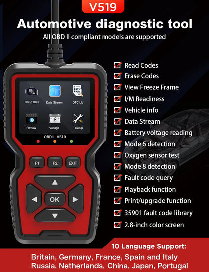 New OBD2 V519 Scanner - Professional Mechanic OBDII Diagnostic Code Reader for Check Engine Light, Live Data, and Code Reading/Erasing