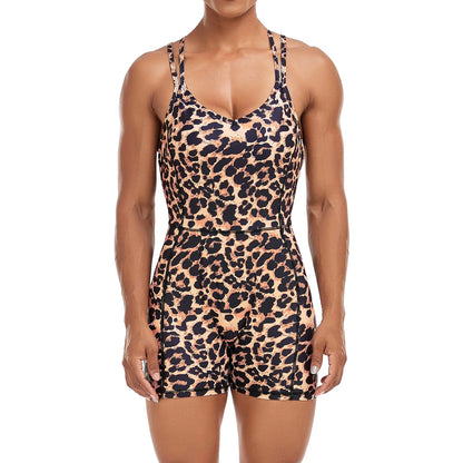 Leopard Print One-Piece Yoga Jumpsuit – Backless & Sleeveless