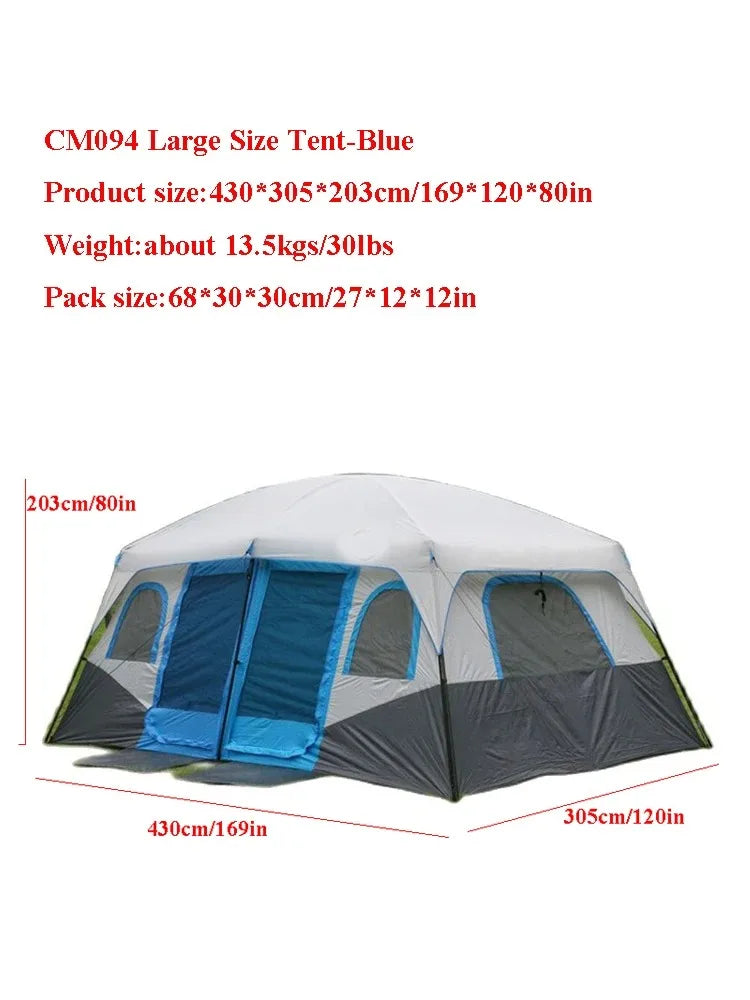 Glamping Tourist Extra-Large Family Camping Tent – Waterproof, UV-Protected, 2 Living Rooms, Fits Up to 12 People