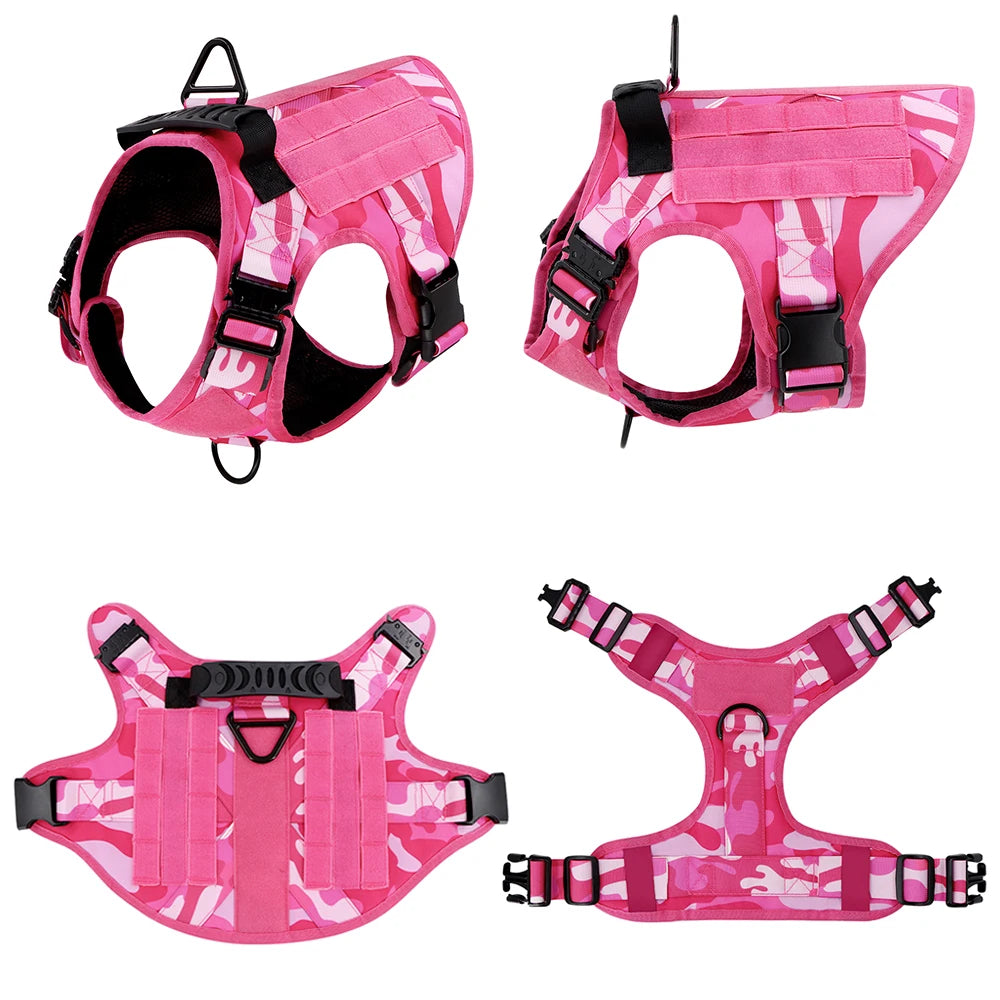 Military Pink Camouflage Dog Harness - Adjustable Tactical Training Vest for Large & Medium Dogs, German Shepherd Pet Leash Harness