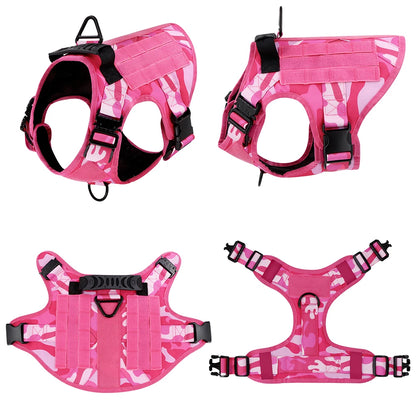 Military Pink Camouflage Dog Harness - Adjustable Tactical Training Vest for Large & Medium Dogs, German Shepherd Pet Leash Harness