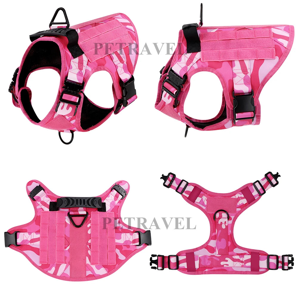 Military Pink Camouflage Dog Harness - Adjustable Tactical Training Vest for Large & Medium Dogs, German Shepherd Pet Leash Harness