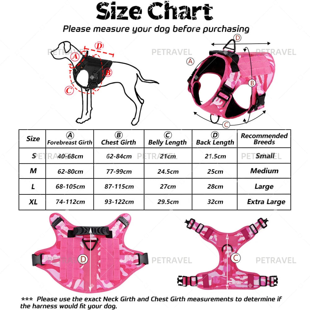 Military Pink Camouflage Dog Harness - Adjustable Tactical Training Vest for Large & Medium Dogs, German Shepherd Pet Leash Harness
