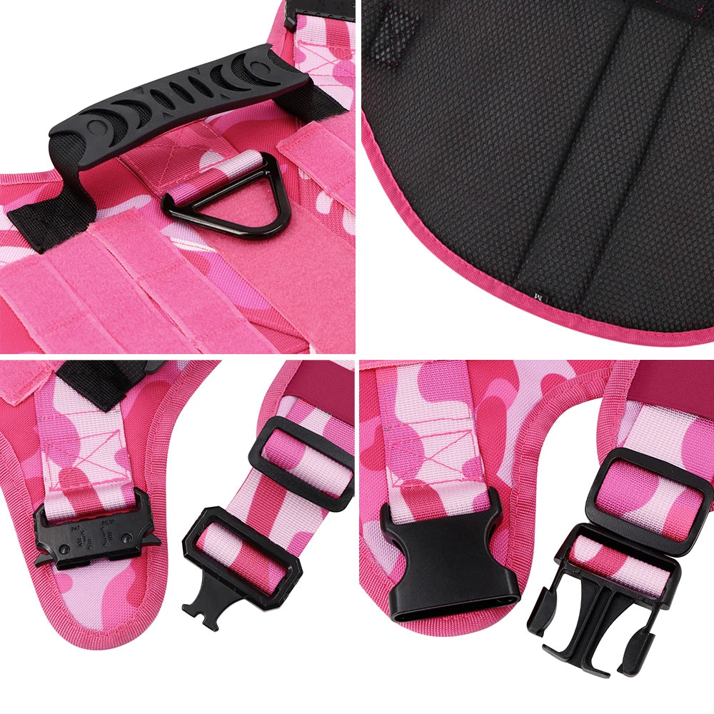 Military Pink Camouflage Dog Harness - Adjustable Tactical Training Vest for Large & Medium Dogs, German Shepherd Pet Leash Harness