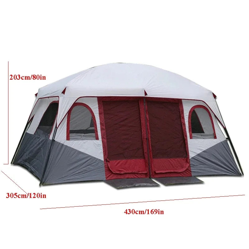 Glamping Tourist Extra-Large Family Camping Tent – Waterproof, UV-Protected, 2 Living Rooms, Fits Up to 12 People