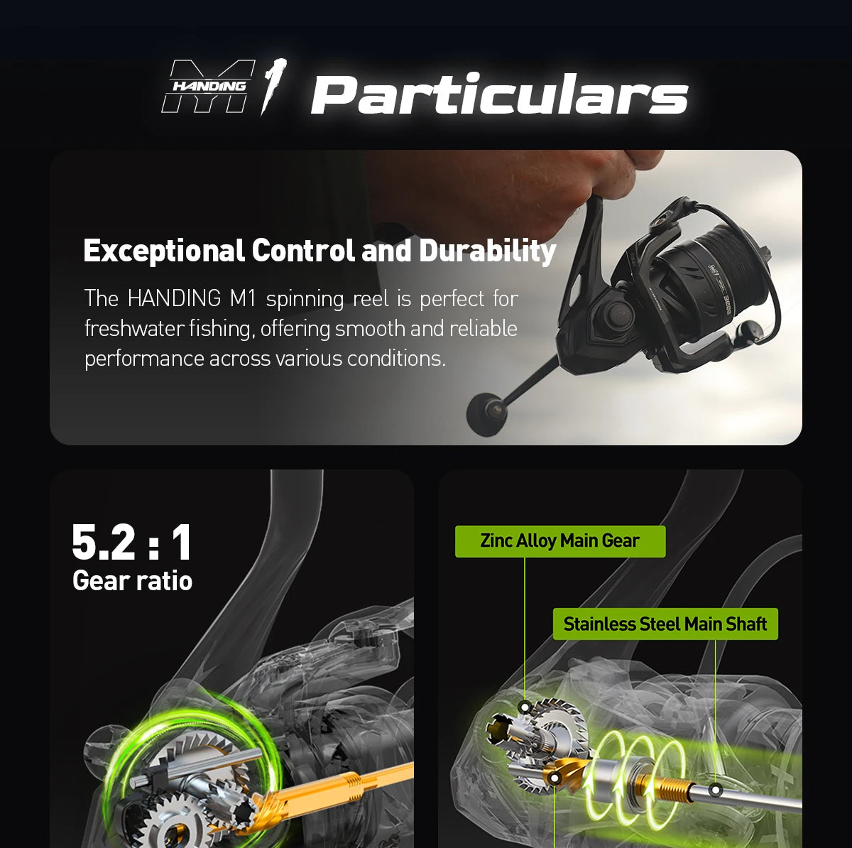 Premium HANDING M1 Spinning Reel – Graphite Frame, 12kg Drag, 9+1 Bearings, 5.2:1 Gear Ratio – Versatile All-Purpose Fishing Reel