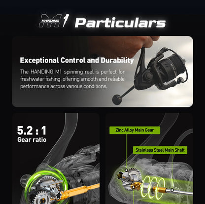 Premium HANDING M1 Spinning Reel – Graphite Frame, 12kg Drag, 9+1 Bearings, 5.2:1 Gear Ratio – Versatile All-Purpose Fishing Reel