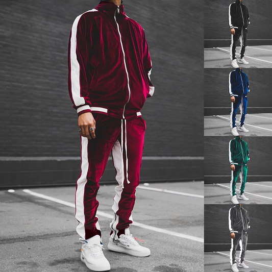 Men’s Velour Tracksuit Set – 2 Piece Winter Warm Full-Zip Jacket & Joggers | Sweatsuit for Fitness, Lounge, & Streetwear - Brnmxoke